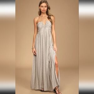 NWT Lulu's Stroll the Sand beige printe sleeveless halter maxi dress